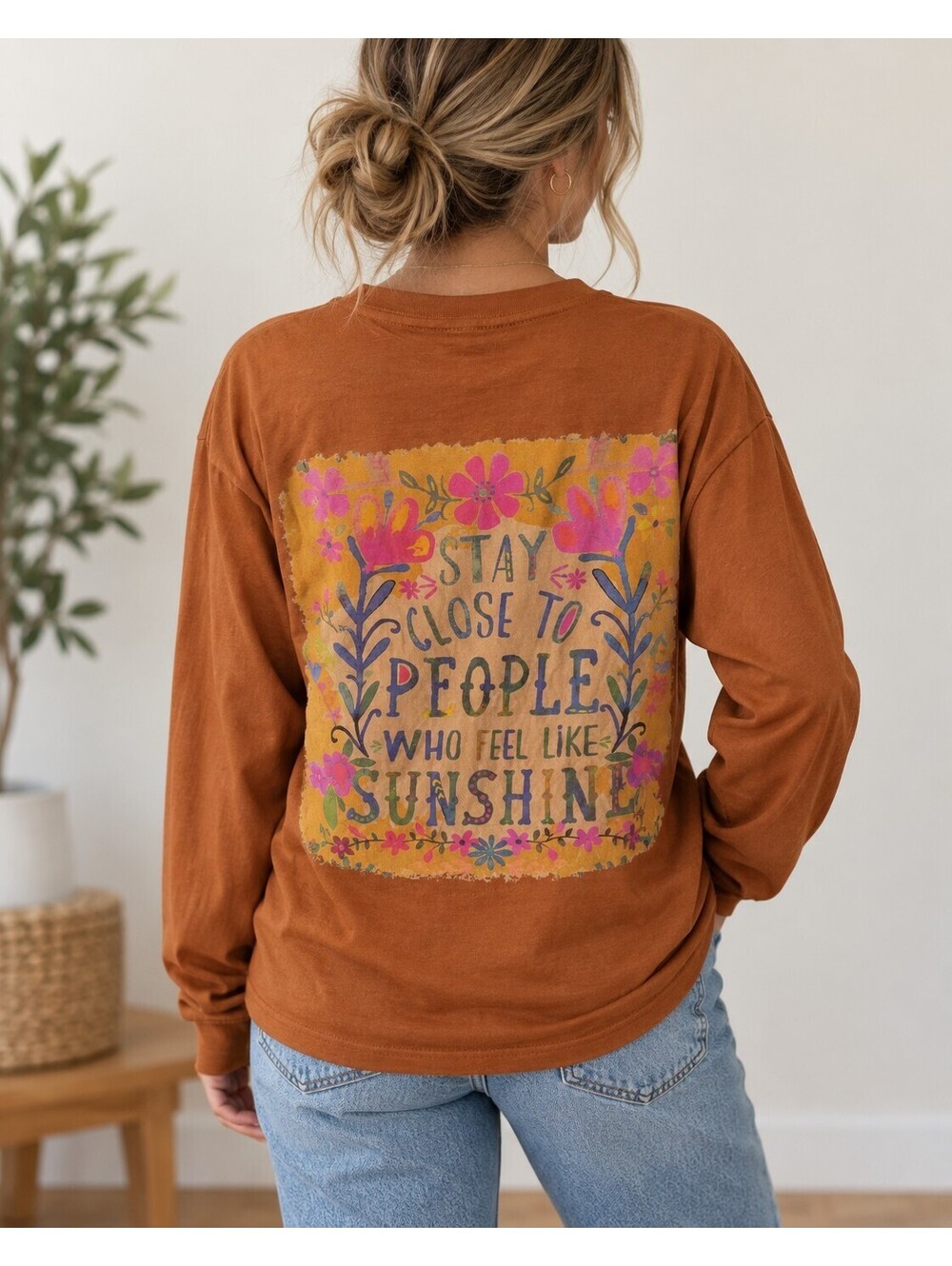 NWT Natural Life XS Stay Close Sunshine Graphic Long-Sleeve Tee Shirt Rust Boho